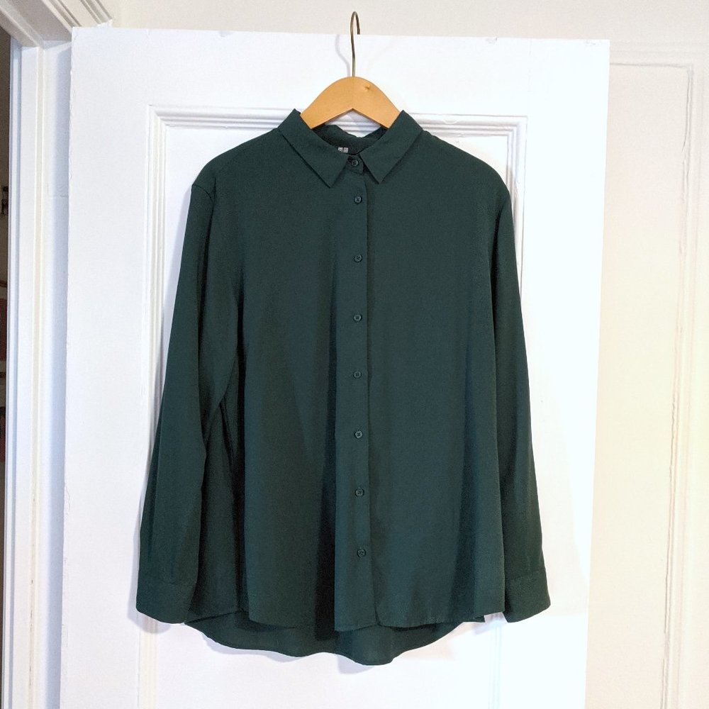 L Uniqlo Rayon Long-Sleeve Blouse - Teal/Green